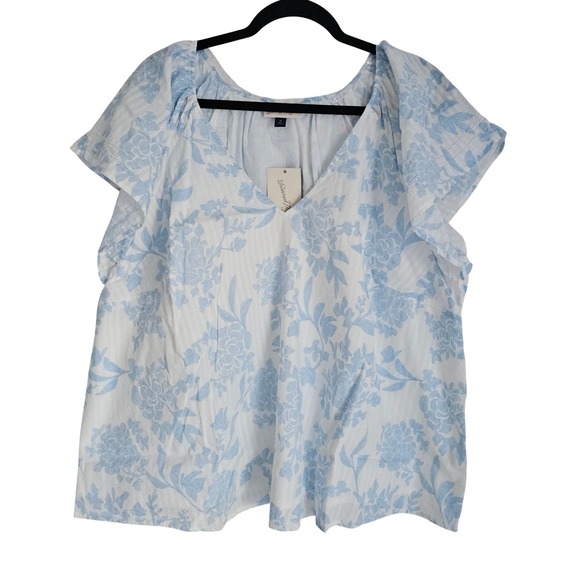 Universal Thread Blue Floral Flutter Sleeve V-Neck Blouse 1X New - Picture 10 of 11